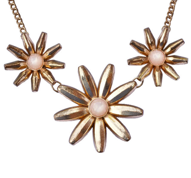 Vintage Gold Tone Statement Necklace Pink Moonglow Flowers