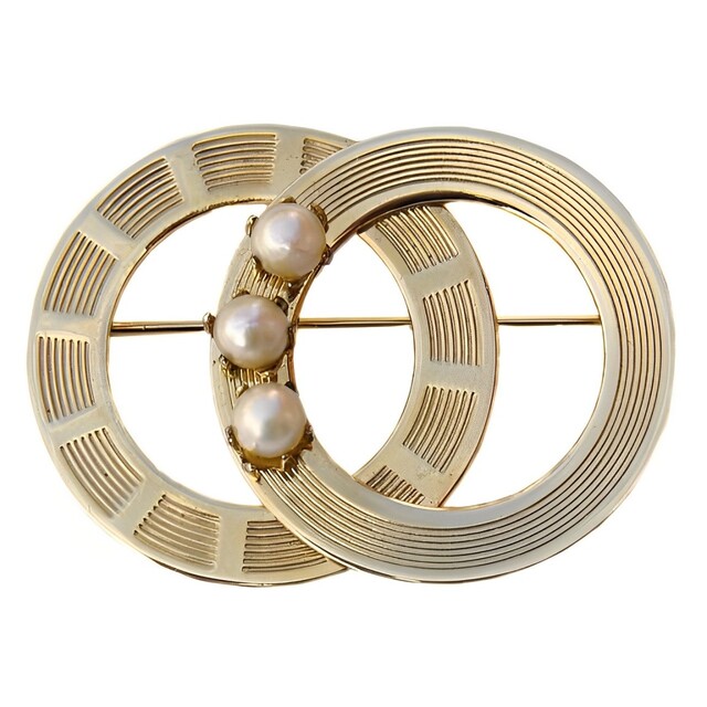 Gold Tone Vintage Double Circle and Cultured Pearl Brooch