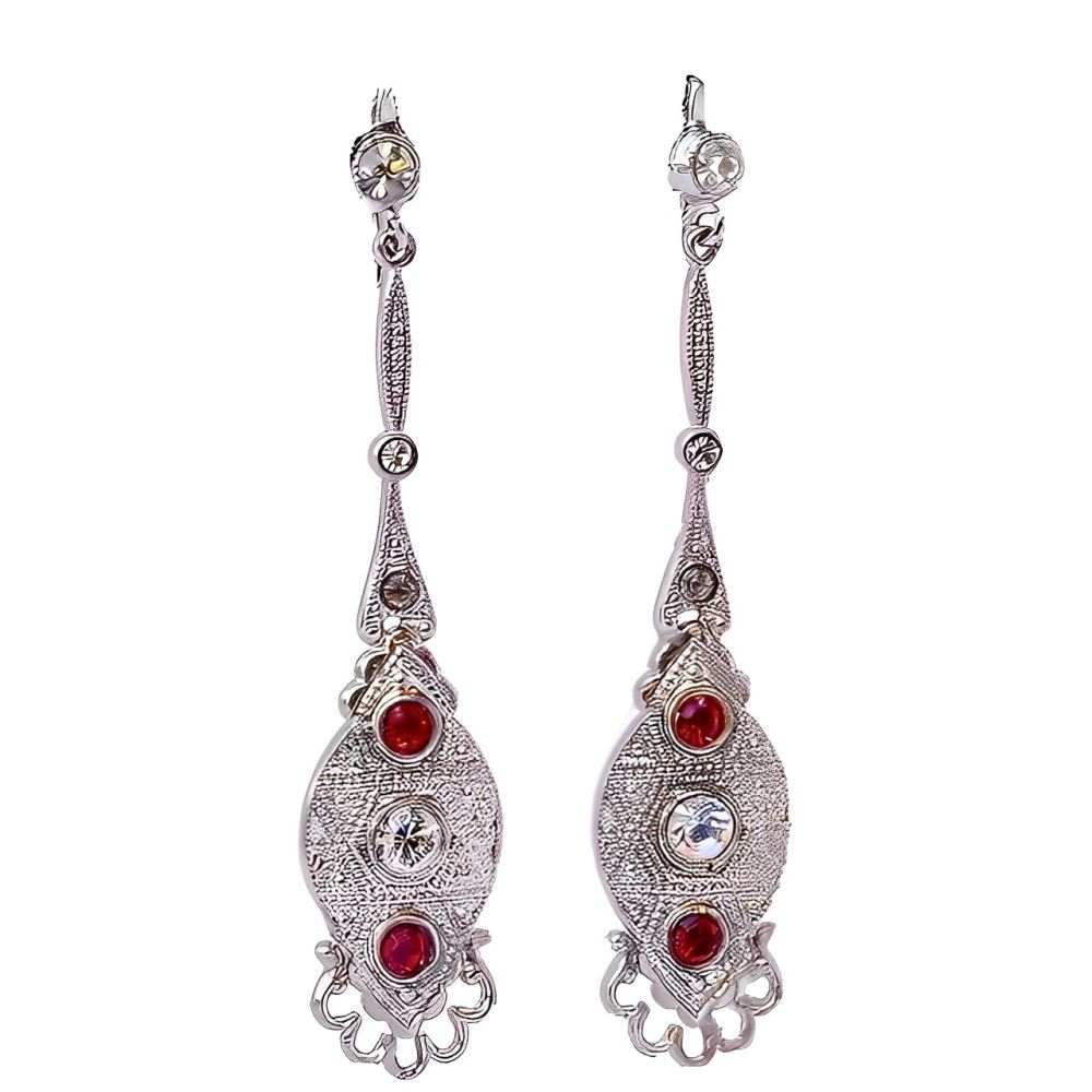 Silver Tone Clear Red Diamante Drop Earrings, circa 1940s