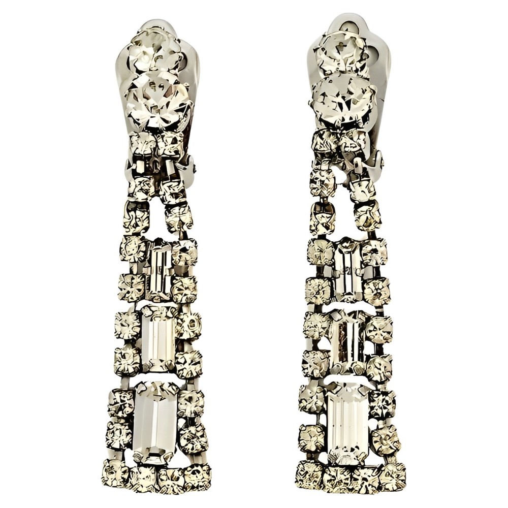 Silver Tone Rhinestone Drop Clip On Earrings circa 1950s