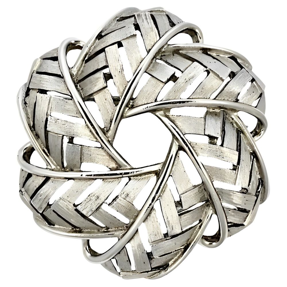 Trifari Silver Plated Brushed and Shiny Woven Brooch circa 1960s