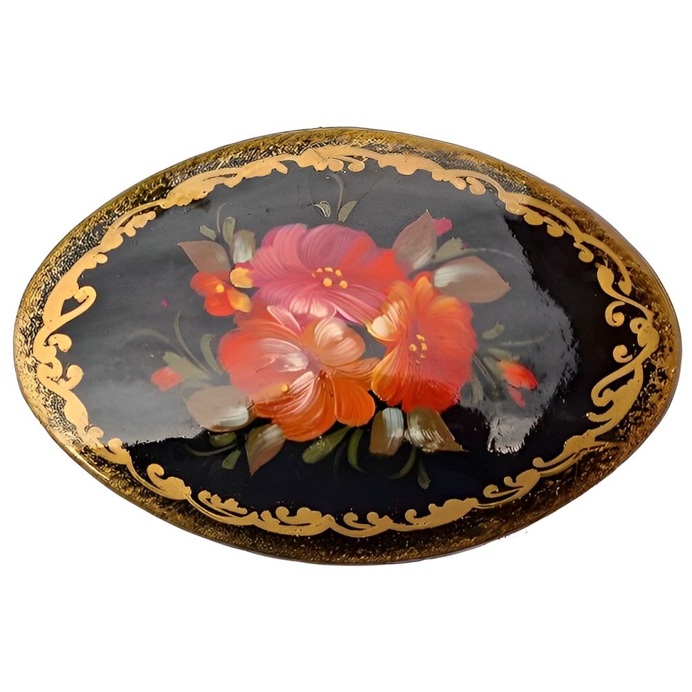 Vintage Russian Wooden Hand Painted Black Lacquer Brooch