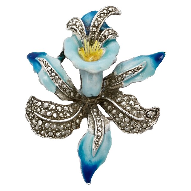 Vintage Silver Tone Blue Enamel and Marcasite Orchid Brooch
