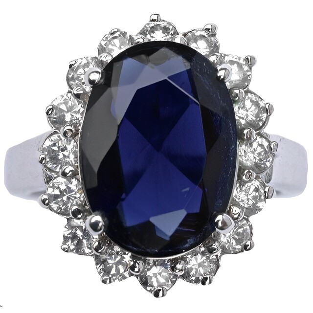 Vintage Silver Tone Dark Blue Glass and Clear Diamante Ring