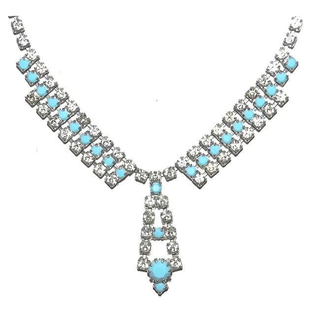 Vintage Turquoise Glass and Diamante Necklace circa 1950s