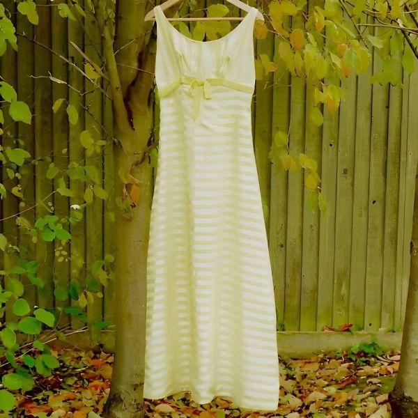 Lemon Yellow Striped Satin Maxi Dress Velvet Bow circa 1960s