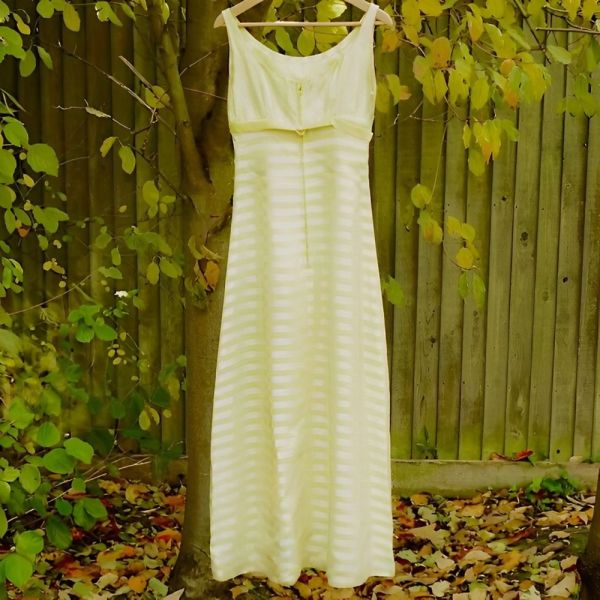 Lemon Yellow Striped Satin Maxi Dress Velvet Bow circa 1960s