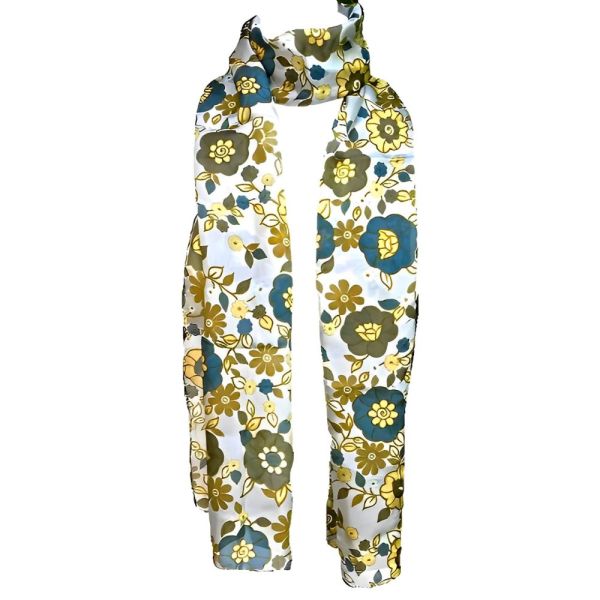Long Grey, Blue, Green and Yellow Floral Silk Scarf
