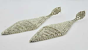 Long Silver Tone Diamond Shape Rhinestone Chandelier Earrings