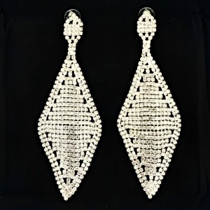 Long Silver Tone Diamond Shape Rhinestone Chandelier Earrings