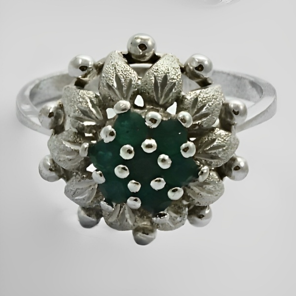 Ornate Silver Tone and Faux Emerald Ring circa 1960s