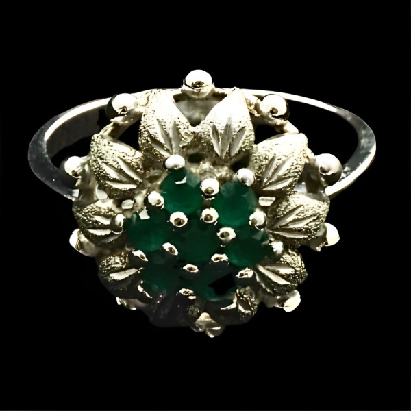 Ornate Silver Tone and Faux Emerald Ring circa 1960s