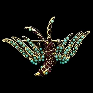Pauline Rader Amethyst Rhinestone Turquoise Glass Bird Brooch