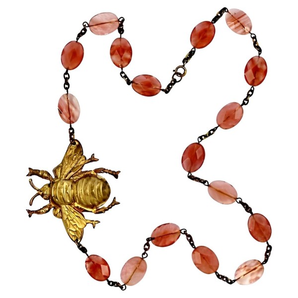 Pink Gemstone Necklace with Gold Plated Large Brass Bee