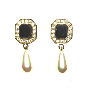 Roman Gold Tone Crystal and Black Glass Drop Earrings