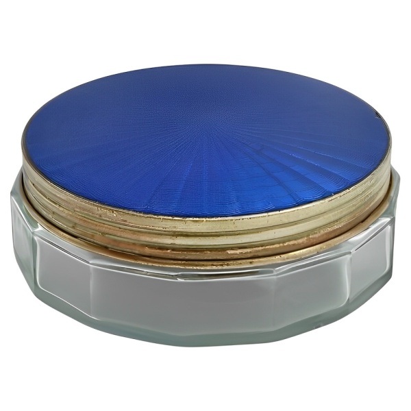 Silver Plated Blue Guilloche Enamel Glass Jar circa 1930s