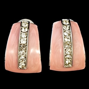 Silver Plated Pink Enamel and Crystal Clip On Earrings