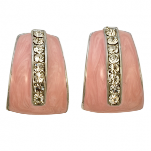Silver Plated Pink Enamel and Crystal Clip On Earrings