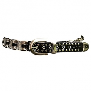 Silver Tone Black Leather and Mesh Link Belt circa 1980s