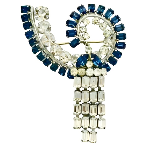 Silver Tone Brooch with Mid Blue Rhinestones circa 1960s