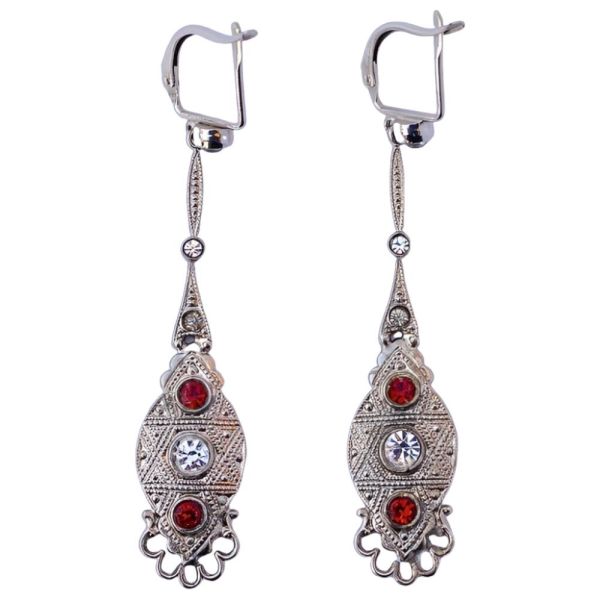 Silver Tone Clear Red Diamante Drop Earrings, circa 1940s
