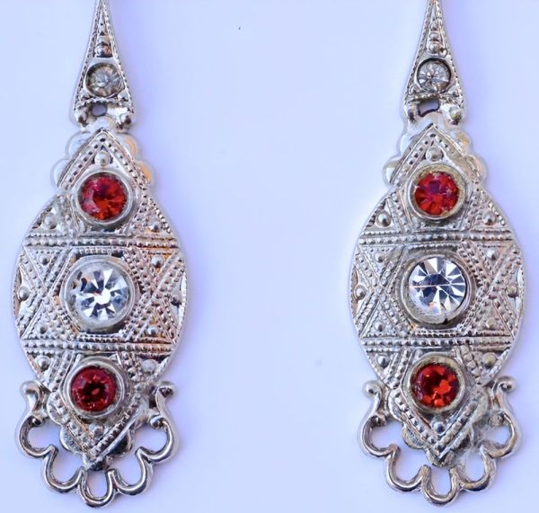 Silver Tone Clear Red Diamante Drop Earrings, circa 1940s