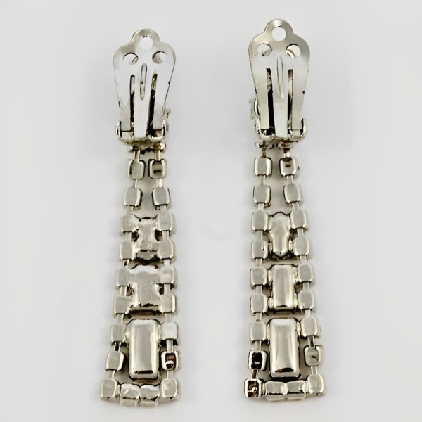 Silver Tone Rhinestone Drop Clip On Earrings circa 1950s