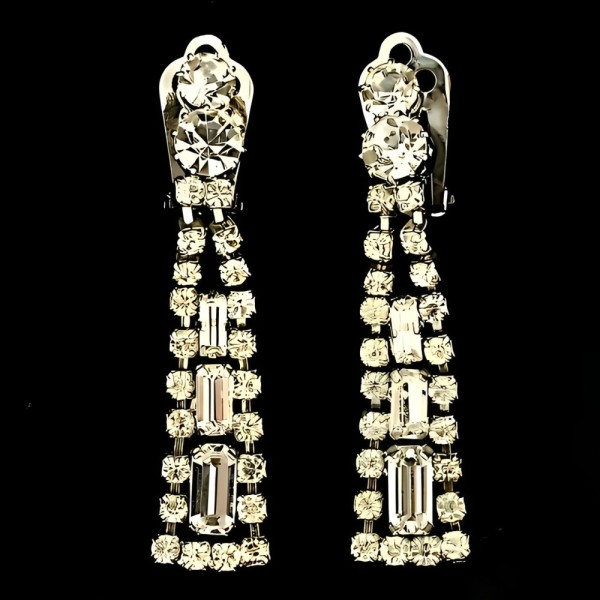 Silver Tone Rhinestone Drop Clip On Earrings circa 1950s