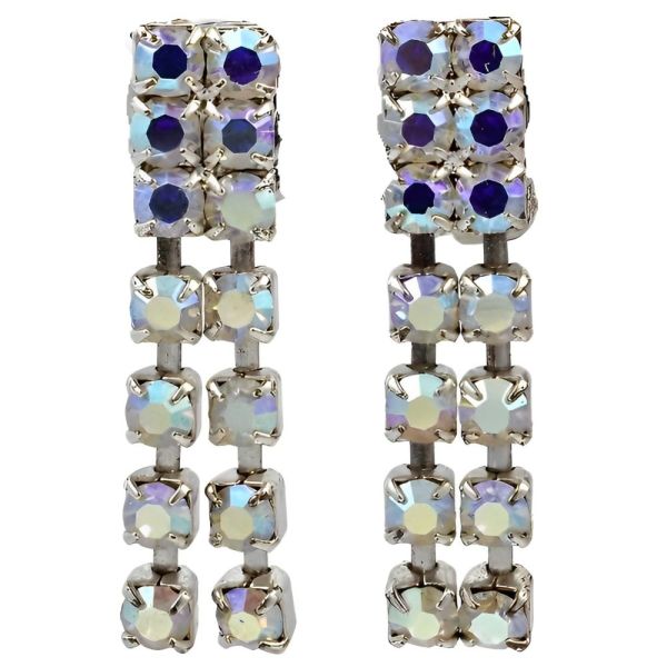 Silver Tone White Aurora Borealis Drop Clip On Earrings circa 1960s