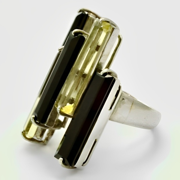 Sterling Silver Cocktail Ring set with Black and Citrine Glass
