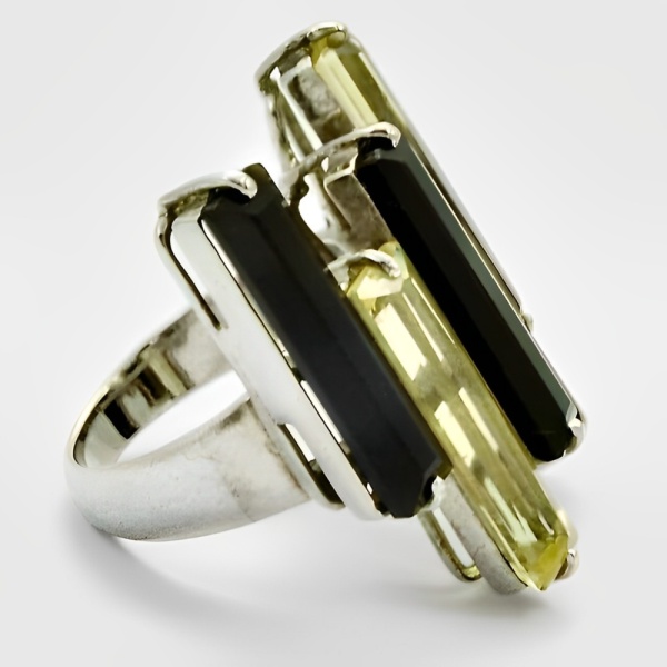 Sterling Silver Cocktail Ring set with Black and Citrine Glass