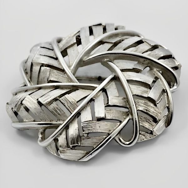 Trifari Silver Plated Brushed and Shiny Woven Brooch circa 1960s