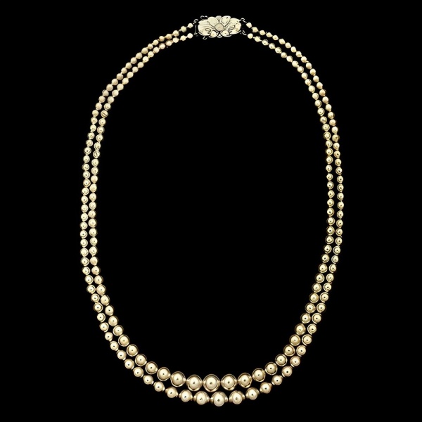 Two Strand Champagne Faux Pearl Necklace Rhinestone Clasp