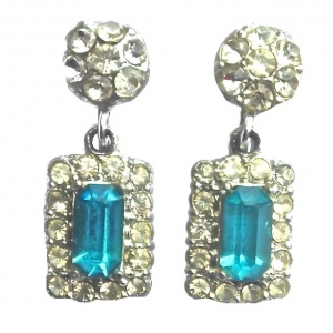 Vintage Aqua Blue and Clear Diamante Drop Earrings