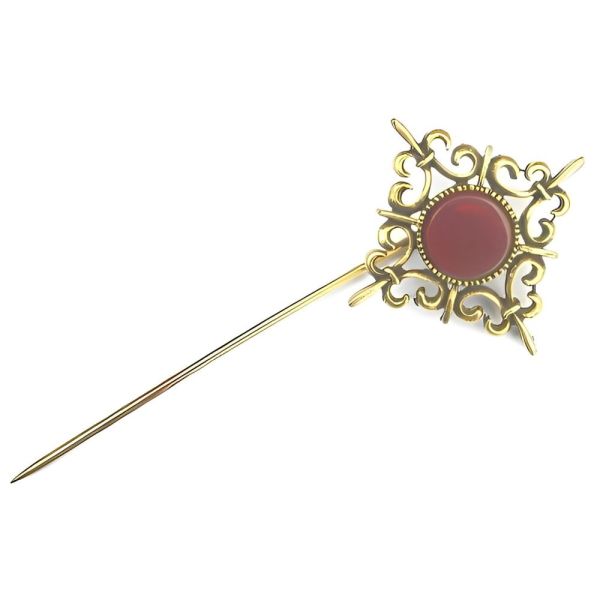 Vintage Gold Tone and Carnelian Glass Stick Pin