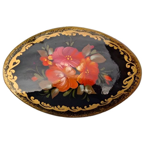 Vintage Russian Wooden Hand Painted Black Lacquer Brooch