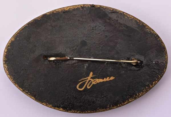 Vintage Russian Wooden Hand Painted Black Lacquer Brooch