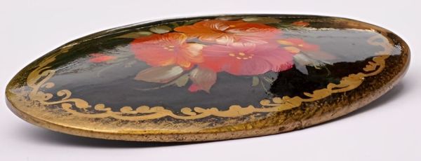 Vintage Russian Wooden Hand Painted Black Lacquer Brooch