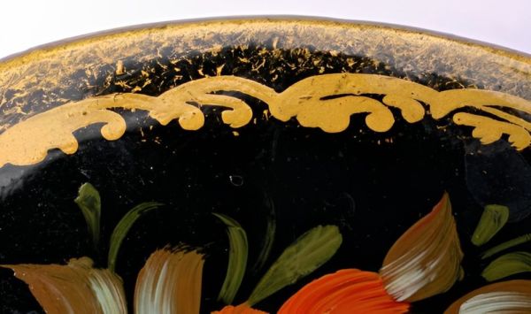 Vintage Russian Wooden Hand Painted Black Lacquer Brooch