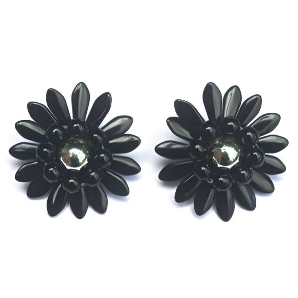 Vintage Silver and Black Glass Clip On Flower Earrings circa 1950s