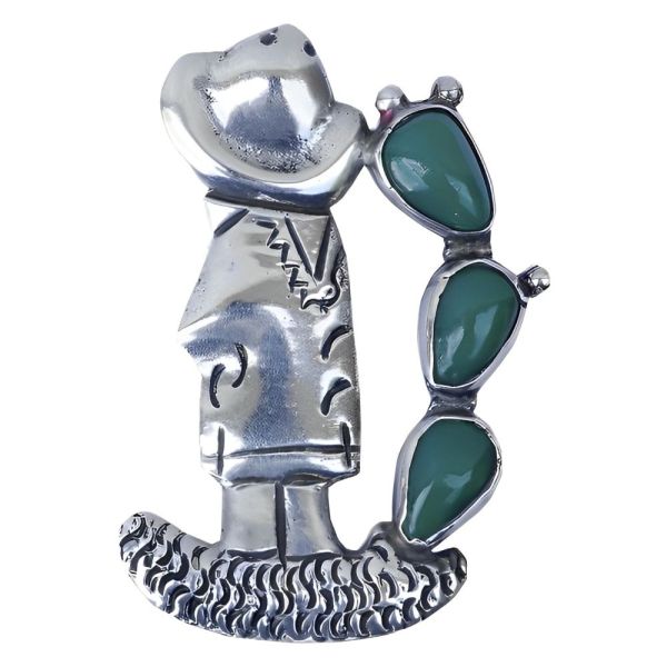 Vintage Silver Mexican Man Green Gemstone Brooch
