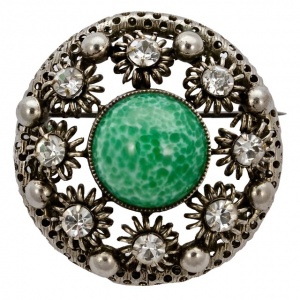 Vintage Silver Tone Green Glass and Clear Diamantes Brooch