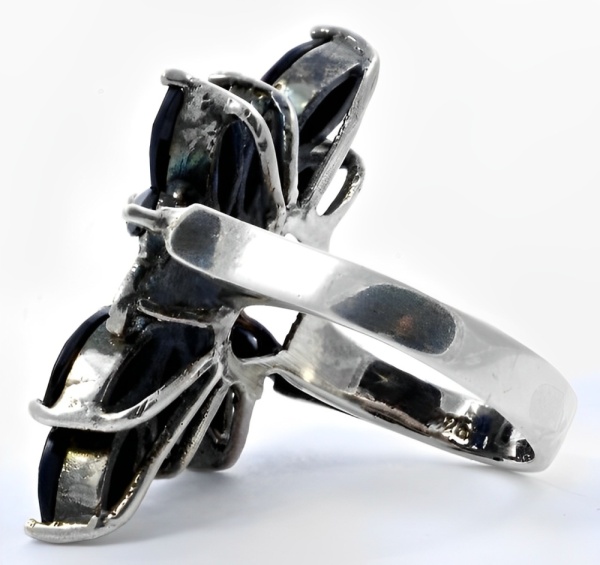 Sterling Silver Marcasite and Black Glass Statement Ring